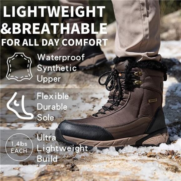 Men\'s Snow Boots Waterproof Warm Fur Lined Ankle High-top Shoes, Brown main image 4